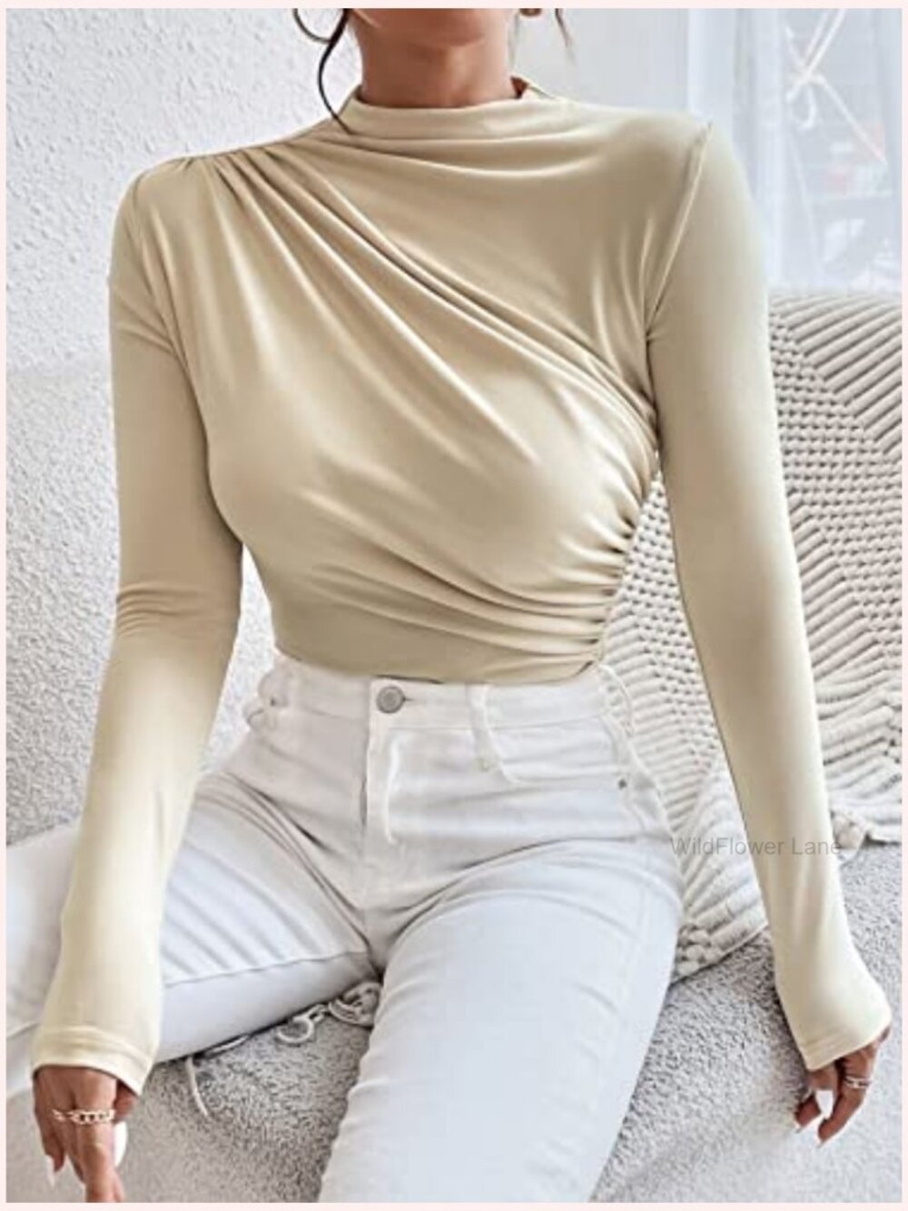Mock Neck Ruched Long Sleeve Bodysuit Jumpsuit Slim Fit Stretchy - Picture 3 of 7